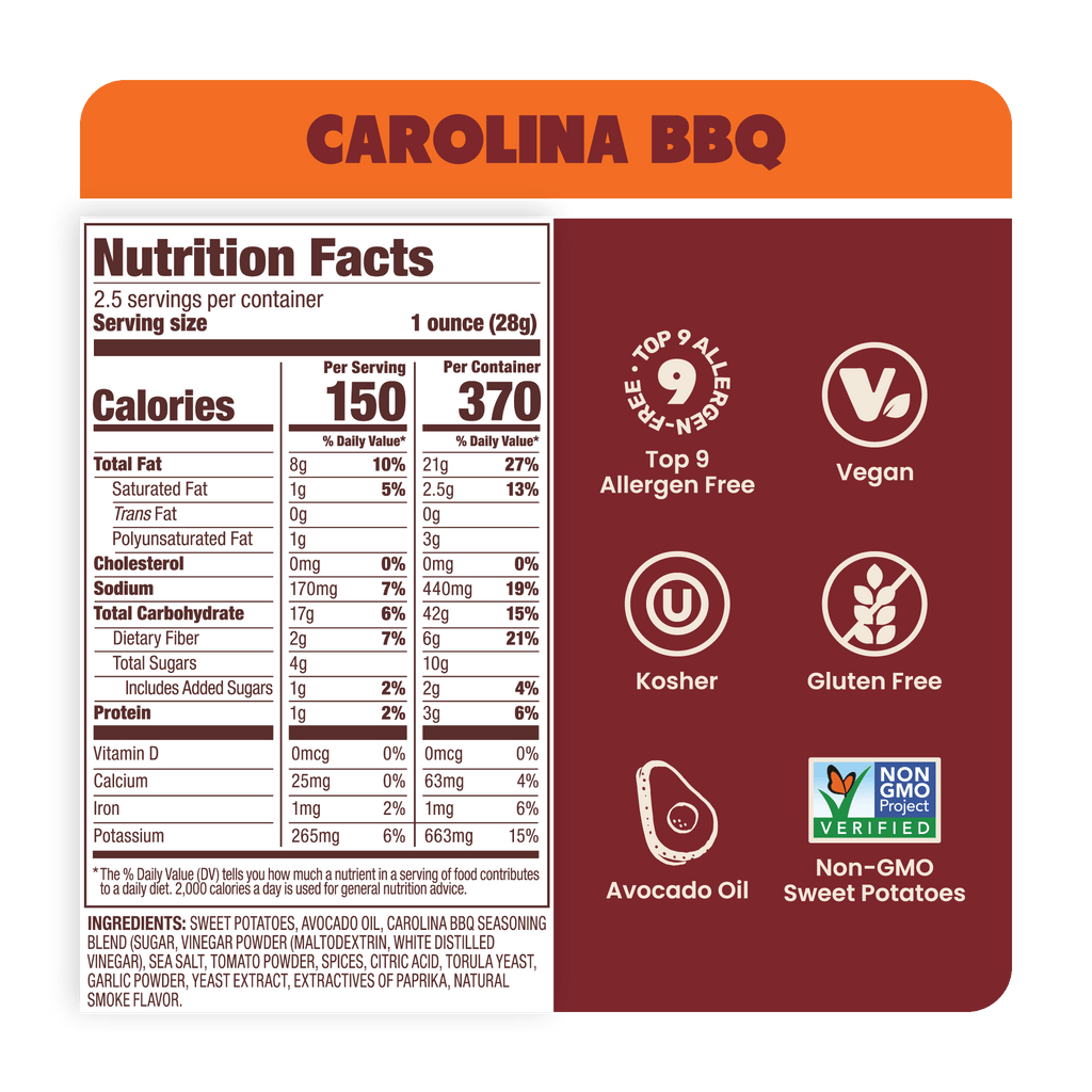 Nutrition Label Carolina BBQ Sweet Potato Chips in Avocado Oil 2.5oz - 14 Bags