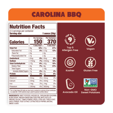 Load image into Gallery viewer, Jackson&#39;s Carolina BBQ Sweet Potato Chips Cooked In Avocado Oil Nutrition Label, Top 9 Allergen Free, Vegan, Kosher, Gluten Free, Non-GMO Sweet Potatoes 
