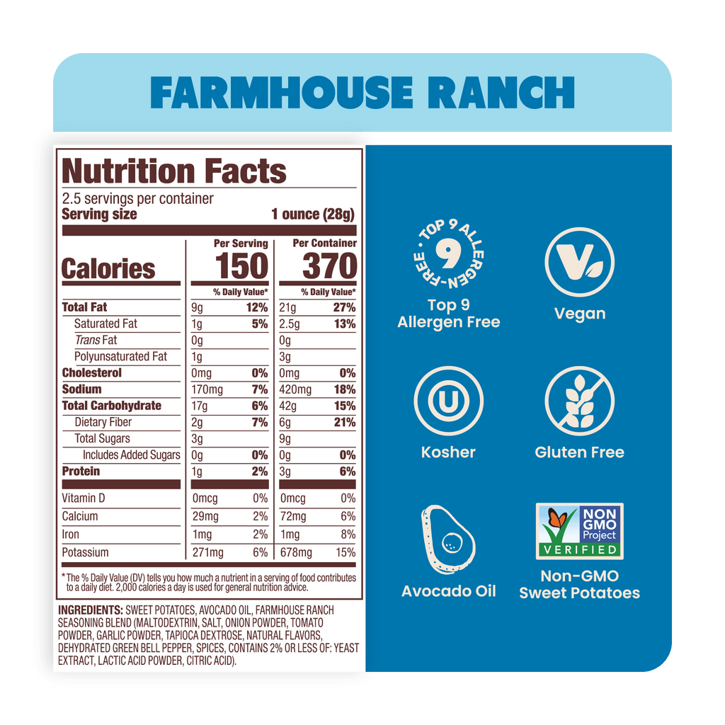Nutrition Label Farmhouse Ranch Sweet Potato Chips in Avocado Oil 2.5oz - 14 Bags. Dairy-free and Whole30 snack