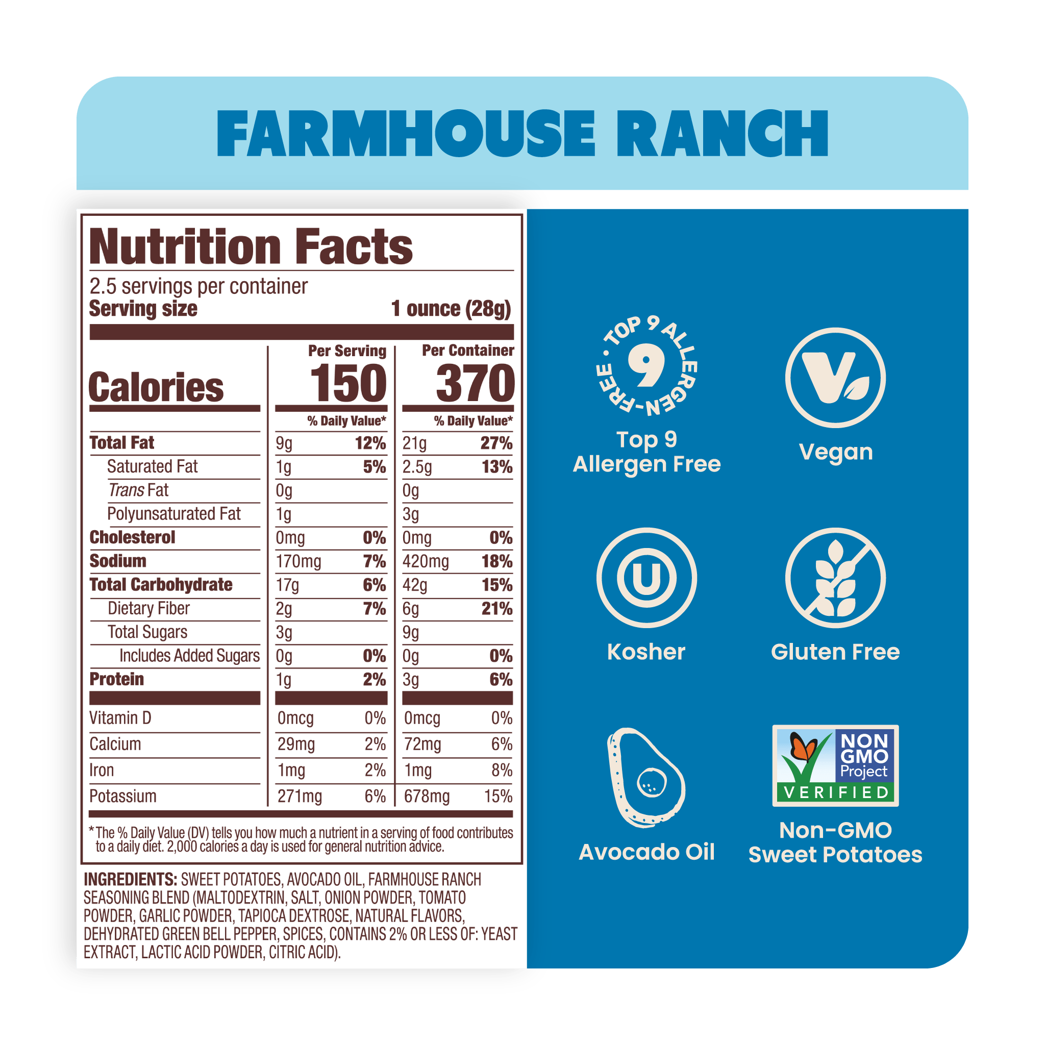 Nutrition Label Farmhouse Ranch Sweet Potato Chips in Avocado Oil 2.5oz - 14 Bags. Dairy-free and Whole30 snack