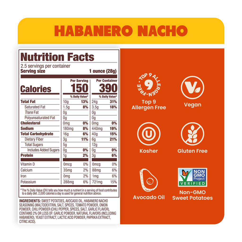 Nutrition Label of crunchy Habanero Nacho Sweet Potato Chips in premium Avocado Oil 2.5oz - 14 Bags. Dairy free & gluten-free