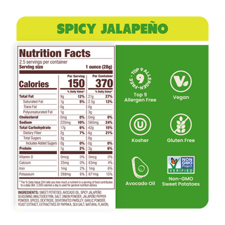 Nutrition Label of kettle-cooked Spicy Jalapeño Sweet Potato Chips in Avocado Oil 2.5oz - 14 Bags. Clean, Natural, crunchy snack.