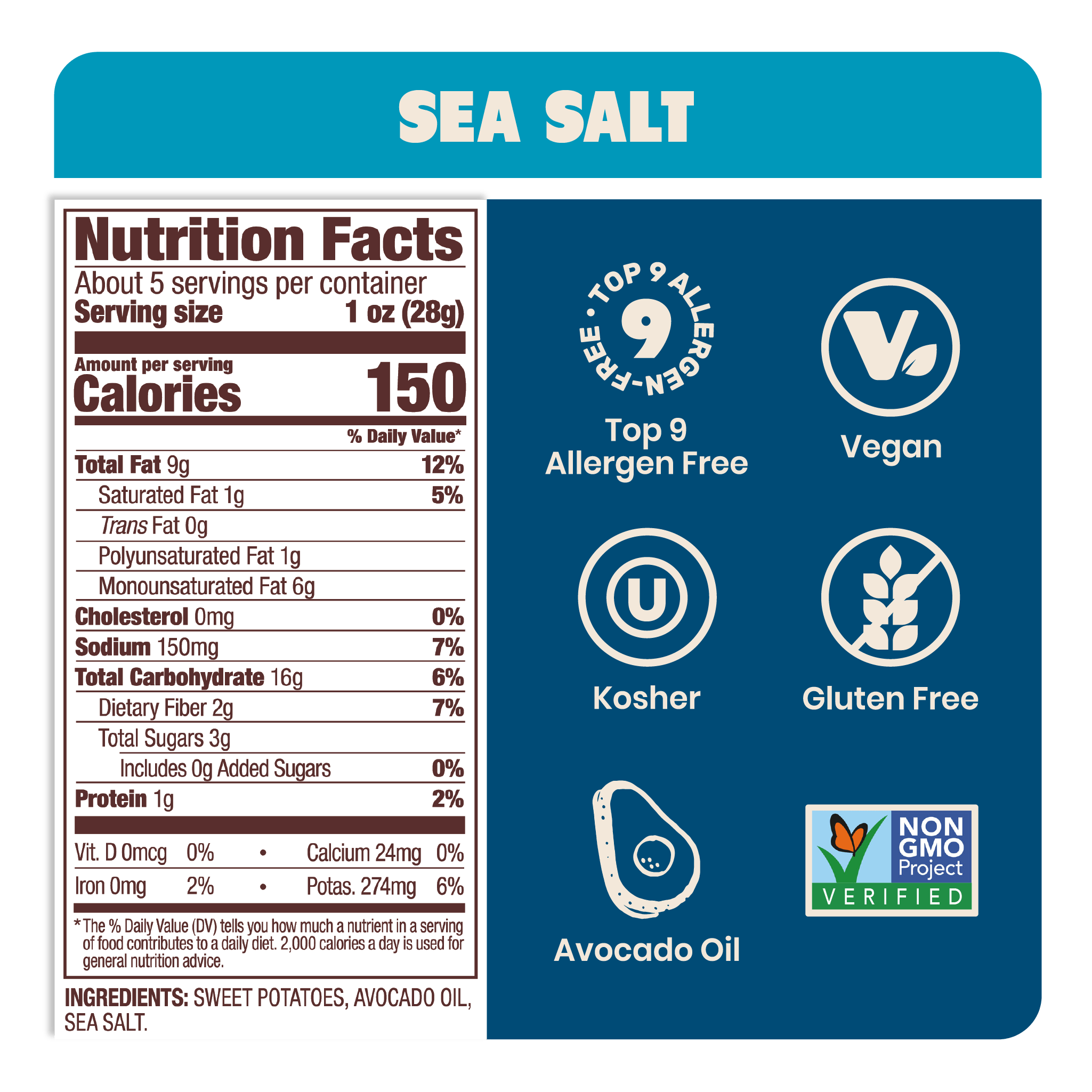 Nutrition Label Sea Salt Sweet Potato Chips in Avocado Oil 5oz - 8 Bags. Ingredients.