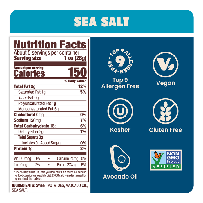 Nutrition Label Sea Salt Sweet Potato Chips in Avocado Oil 5oz - 8 Bags