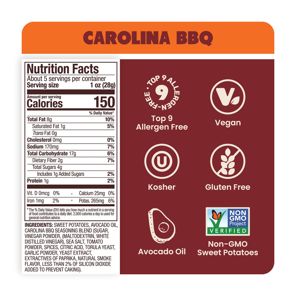 Nutrition Label Carolina BBQ Sweet Potato Chips in Avocado Oil 5oz - 8 Bags