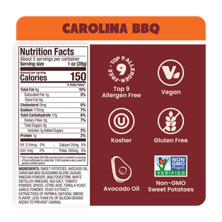 Nutrition Label Carolina BBQ Sweet Potato Chips in Avocado Oil 5oz - 8 Bags