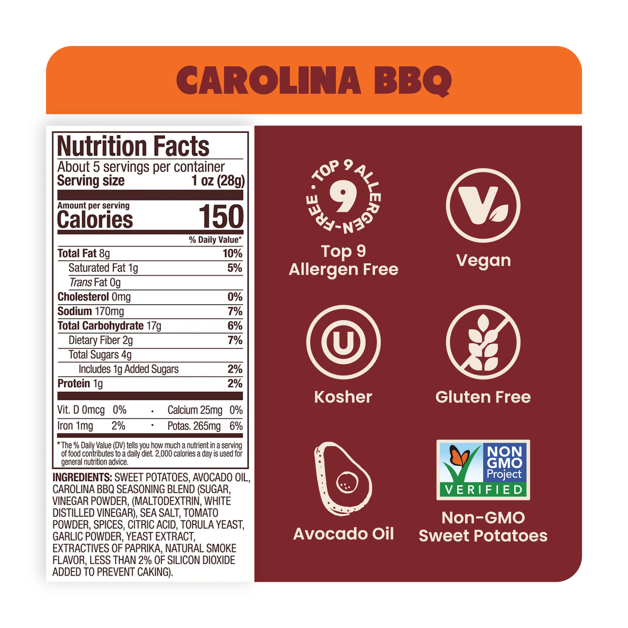 Nutrition Label Carolina BBQ Sweet Potato Chips in Avocado Oil 5oz - 8 Bags