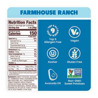 Nutrition Label of vegan Farmhouse Ranch Sweet Potato Chips in Avocado Oil 5oz - 8 Bags. No seed oil chips