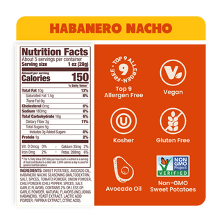 Nutrition Label Habanero Nacho Sweet Potato Chips in Avocado Oil 5oz - 8 Bags