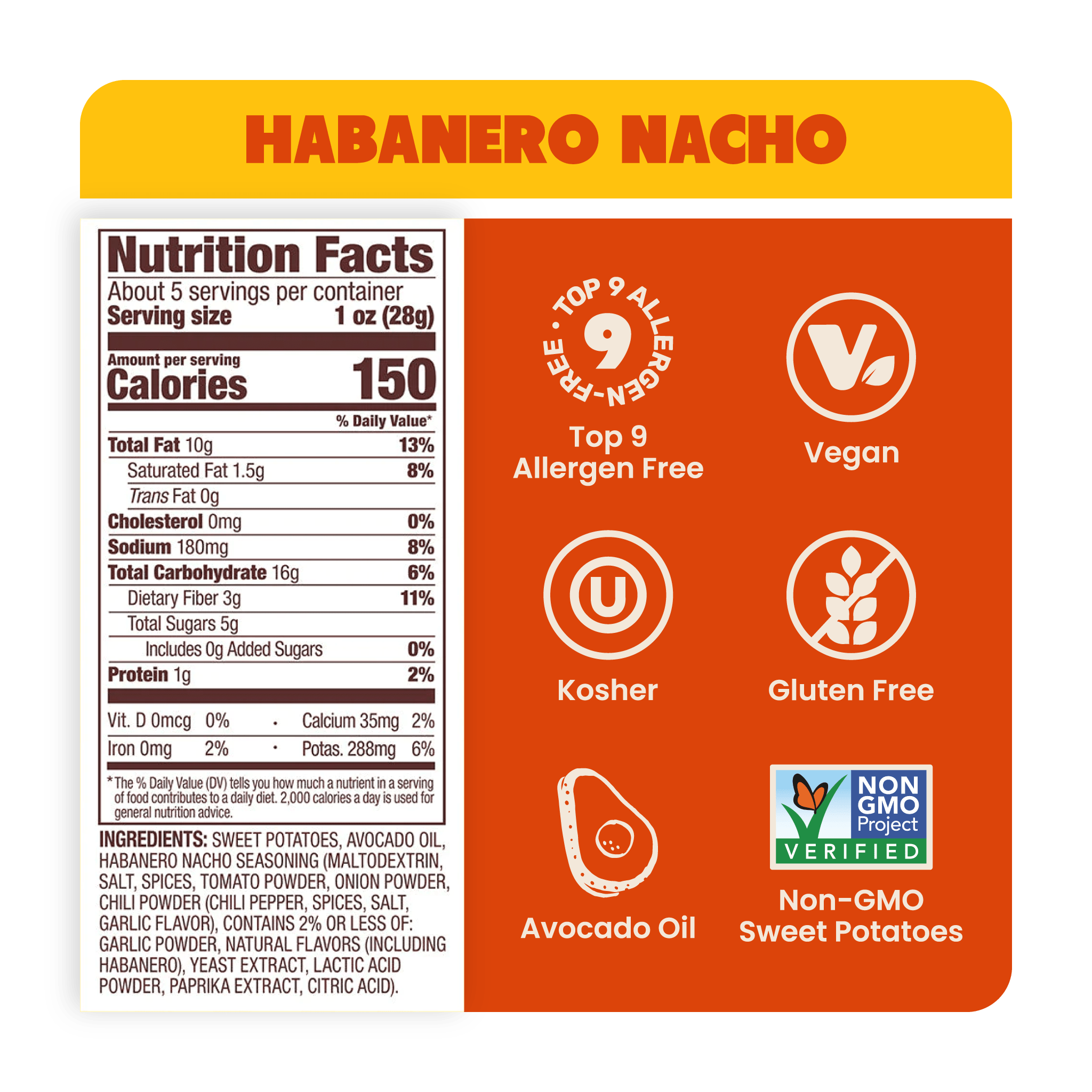 Nutrition Label Habanero Nacho Sweet Potato Chips in Avocado Oil 5oz - 8 Bags