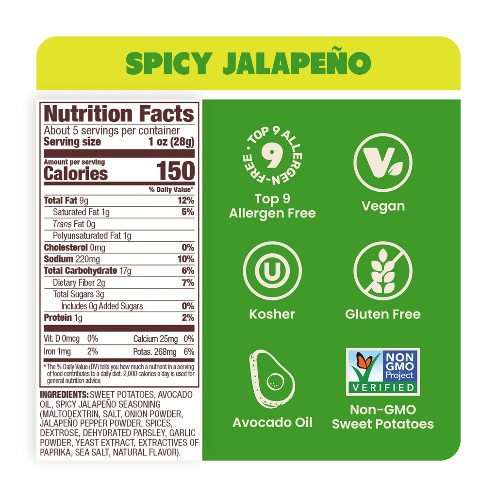 Nutrition Label Spicy Jalapeño Sweet Potato Chips in Avocado Oil 5oz - 8 Bags