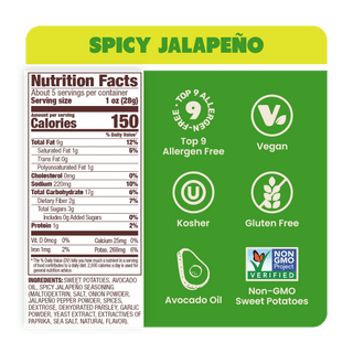 Nutrition Label Spicy Jalapeño Sweet Potato Chips in Avocado Oil 5oz - 8 Bags