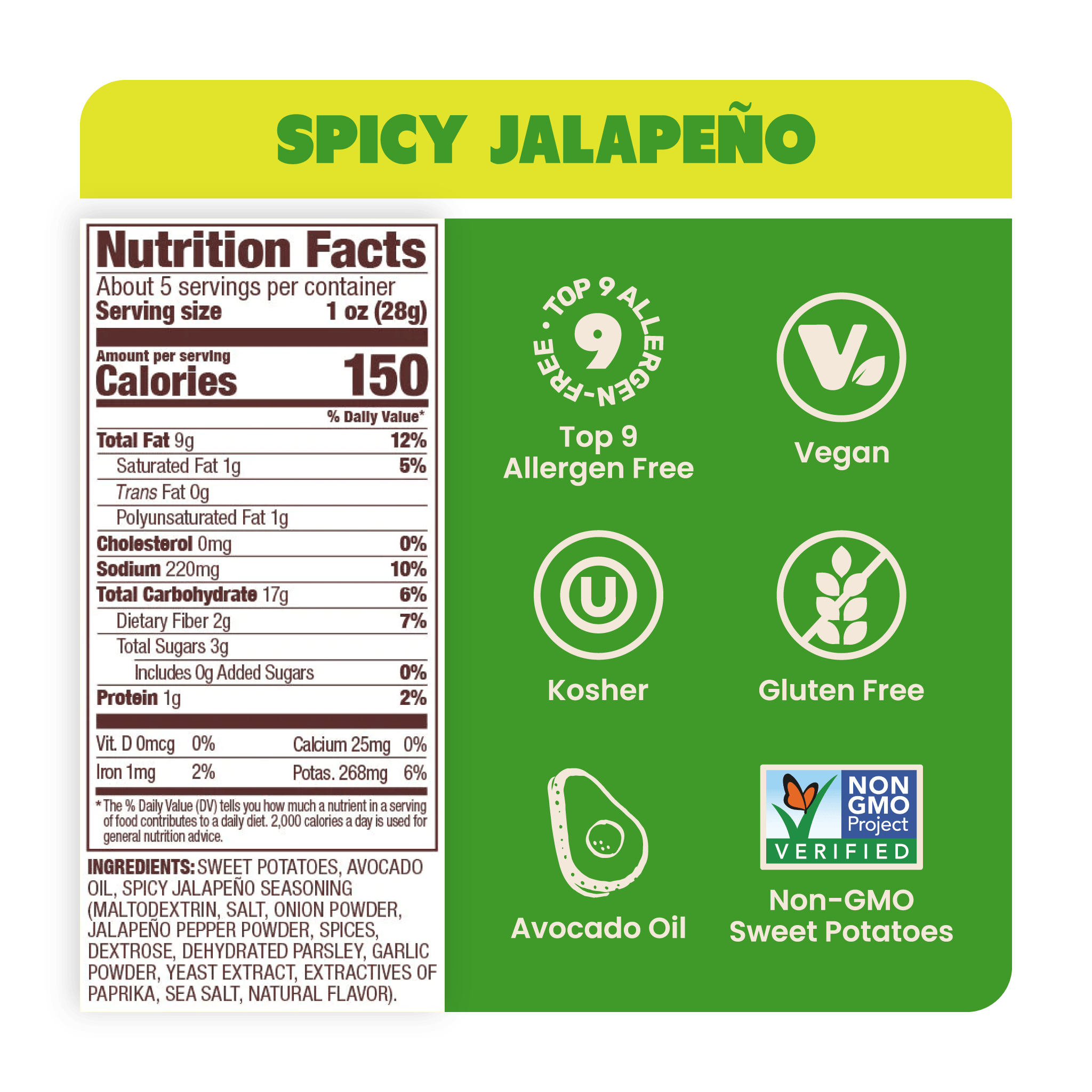 Nutrition Label Spicy Jalapeño Sweet Potato Chips in Avocado Oil 5oz - 8 Bags