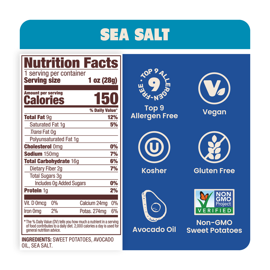 Jackson's Nutrition Label for Sweet Potato Chips in Sea Salt Gluten-free, allergen friendly, seed-oil free, cooked in avocado oil.