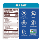Jackson's Nutrition Label for Sweet Potato Chips in Sea Salt Gluten-free, allergen friendly, seed-oil free, cooked in avocado oil.