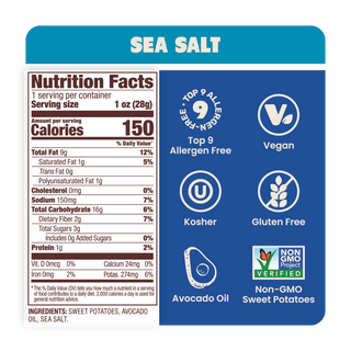 Jackson's Nutrition Label for Sweet Potato Chips in Sea Salt Gluten-free, allergen friendly, seed-oil free, cooked in avocado oil.