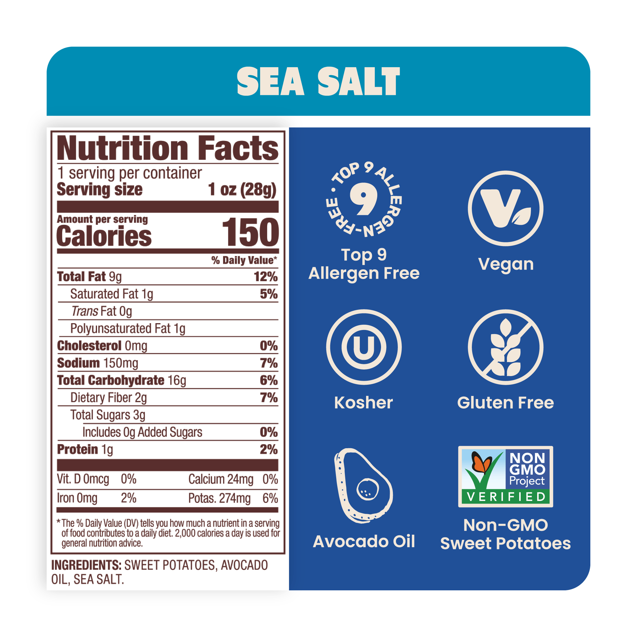 Jackson's Nutrition Label for Sweet Potato Chips in Sea Salt Gluten-free, allergen friendly, seed-oil free, cooked in avocado oil.