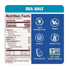Load image into Gallery viewer, Jackson&#39;s Nutrition Label for Sweet Potato Chips in Sea Salt Gluten-free, allergen friendly, seed-oil free, cooked in avocado oil.
