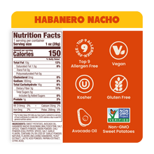 Load image into Gallery viewer, Jackson&#39;s Habanero Nacho Sweet Potato Chips Cooked In Avocado Oil Nutrition Label, Top 9 Allergen Free, Vegan, Kosher, Gluten Free, Non-GMO Sweet Potatoes 
