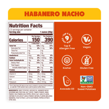 Load image into Gallery viewer, Jackson&#39;s Habanero Nacho Sweet Potato Chips Cooked In Avocado Oil Nutrition Label, Top 9 Allergen Free, Vegan, Kosher, Gluten Free, Non-GMO Sweet Potatoes 

