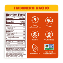 Load image into Gallery viewer, Jackson&#39;s Habanero Nacho Sweet Potato Chips Cooked In Avocado Oil Nutrition Label, Top 9 Allergen Free, Vegan, Kosher, Gluten Free, Non-GMO Sweet Potatoes 

