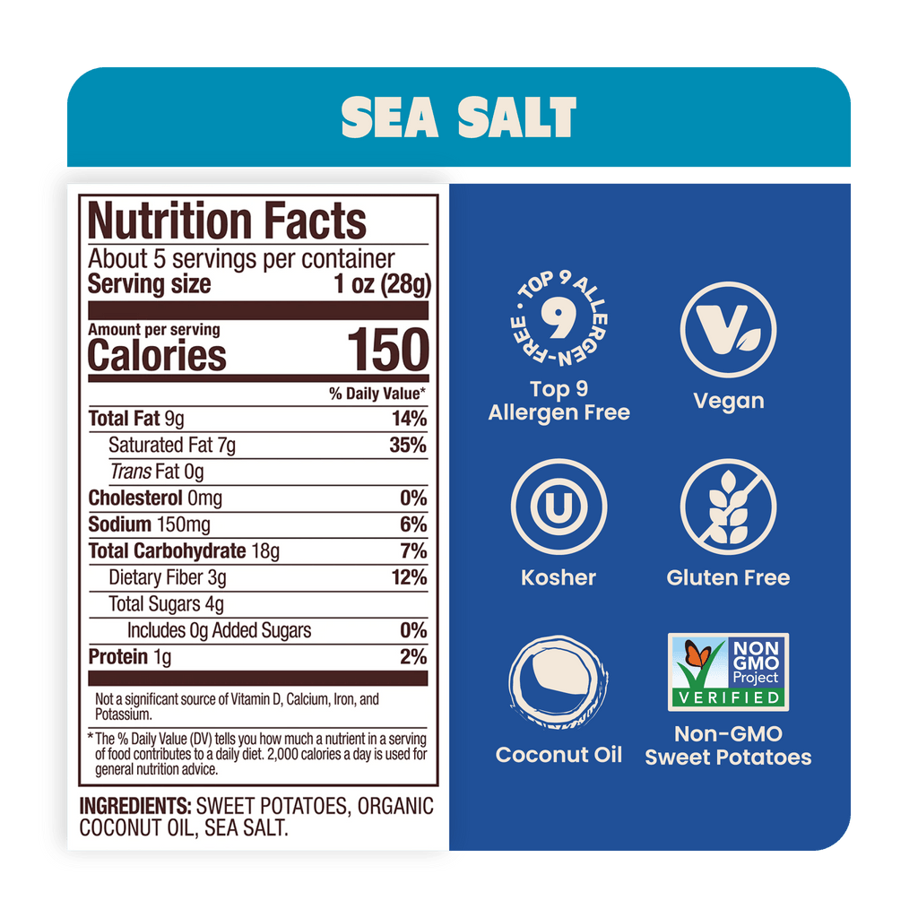 Nutrition Label Sea Salt Sweet Potato Chips in Coconut Oil 5oz - 8 Bags
