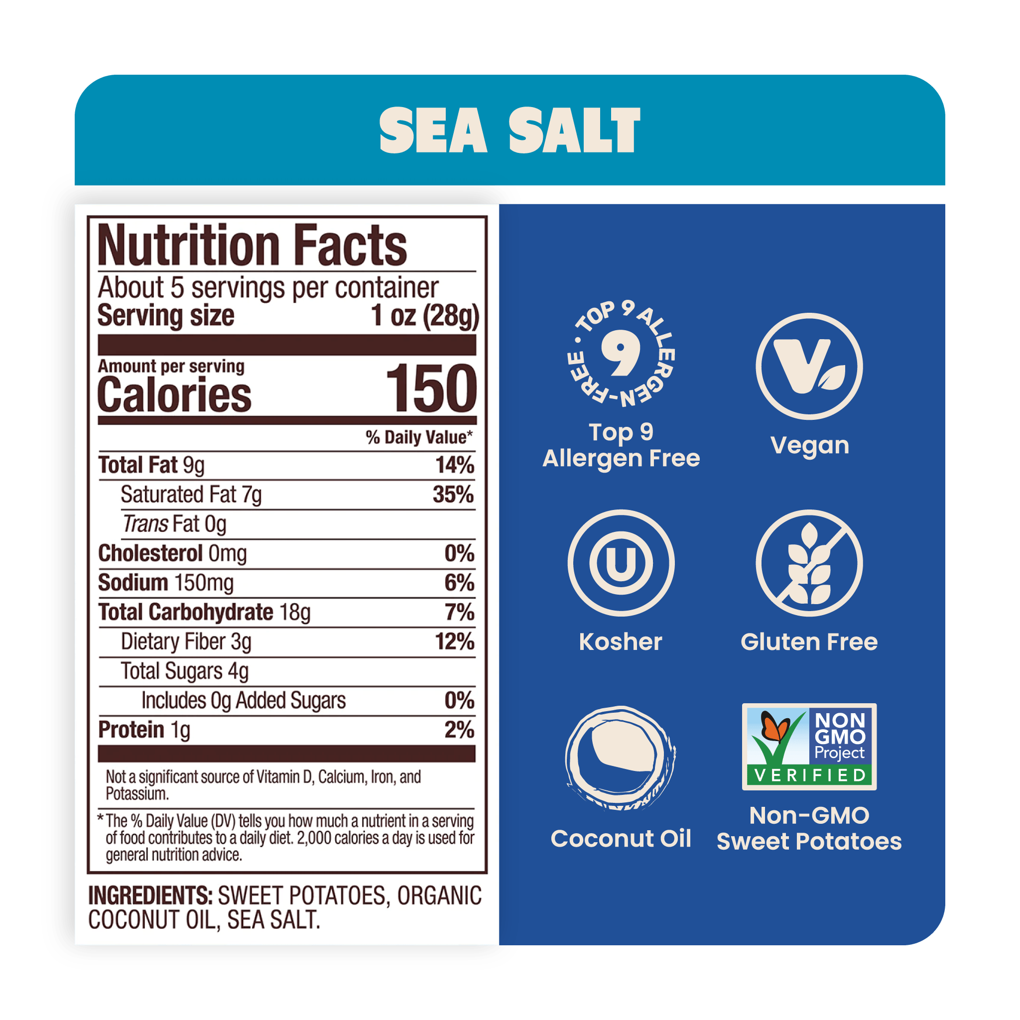 Nutrition Label Sea Salt Sweet Potato Chips in Coconut Oil 5oz - 8 Bags