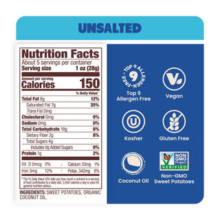 Nutrition Label Unsalted Sweet Potato Chips in Coconut Oil 5oz - 8 Bags
