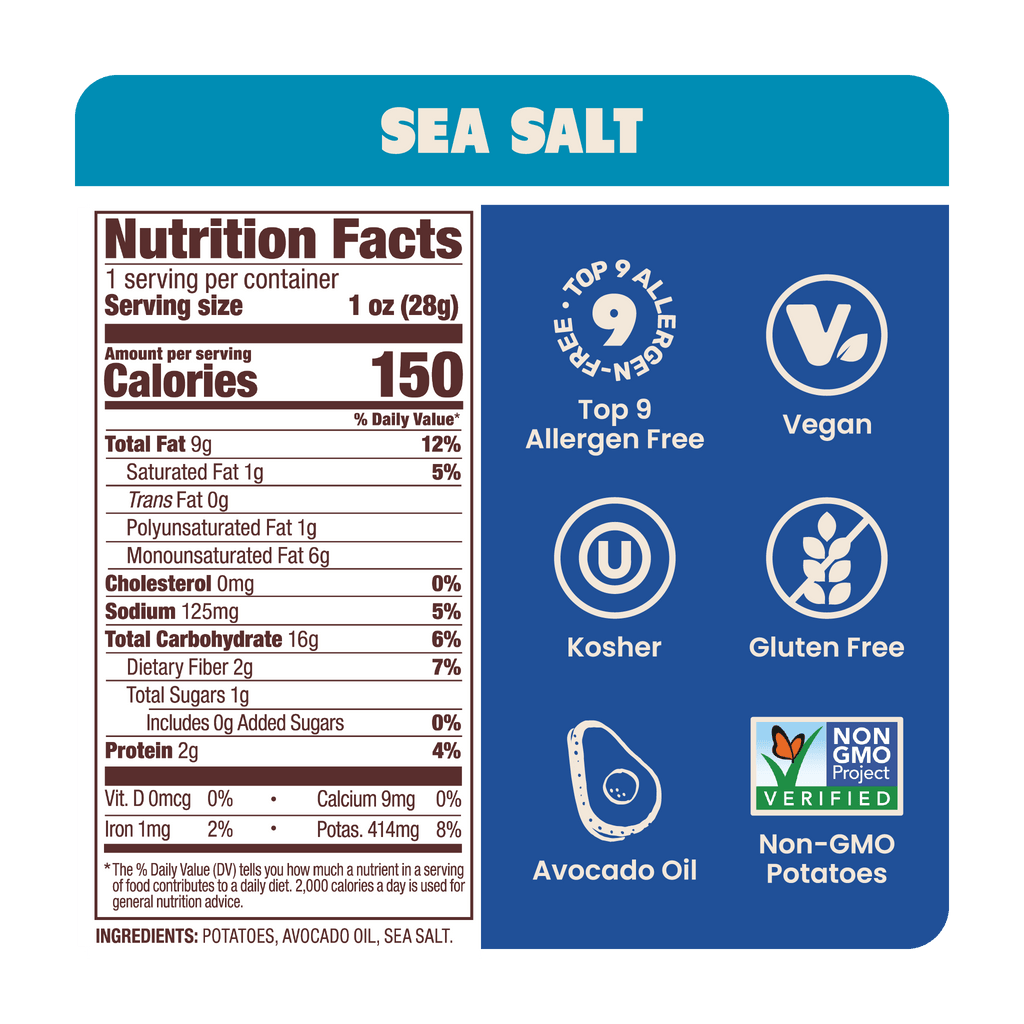 Nutrition label for Jackson's Classic Kettle Chips Sea Salt flavor for 1oz snack size bags, allergen free, vegan, gluten free, kosher, non-GMO potatoes, cooked in avocado oil 