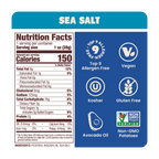 Nutrition label for Jackson's Classic Kettle Chips Sea Salt flavor for 1oz snack size bags, allergen free, vegan, gluten free, kosher, non-GMO potatoes, cooked in avocado oil 