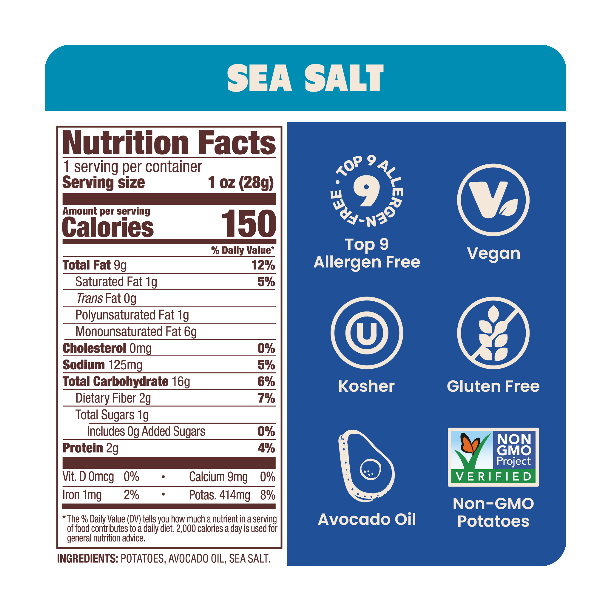 Nutrition label for Jackson's Classic Kettle Chips Sea Salt flavor for 1oz snack size bags, allergen free, vegan, gluten free, kosher, non-GMO potatoes, cooked in avocado oil 