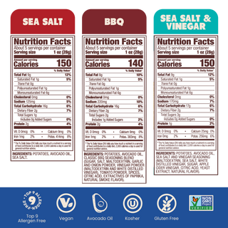 Jackson's Kettle Chips Cooked in Avocado Oil Nutrition Label Sea Salt, BBQ, Sea Salt & Vinegar