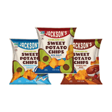 Load image into Gallery viewer, Jackson’s Kettle Cooked Sweet Potato Chips Savory Variety Pack with Sea Salt, Farmhouse Ranch, Carolina BBQ potato chips 1oz bags, total of 30 Bags
