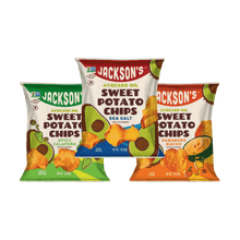 Load image into Gallery viewer, Jackson’s Kettle Cooked Sweet Potato Chips Spicy Variety Pack with Sea Salt, Spicy Jalapeno, Habanero Nacho potato chips 1oz bags, total of 30 Bags
