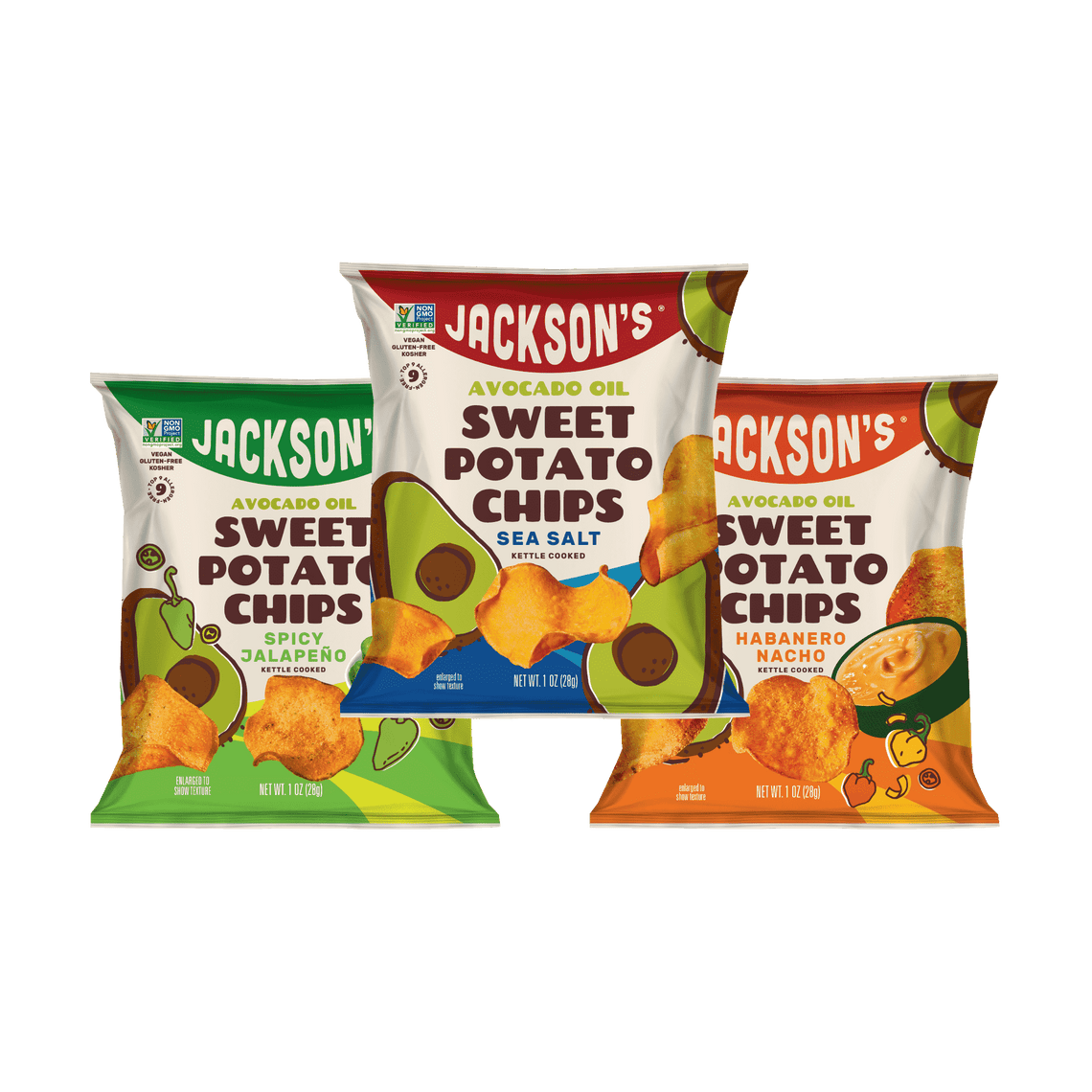 Jackson’s Kettle Cooked Sweet Potato Chips Spicy Variety Pack with Sea Salt, Spicy Jalapeno, Habanero Nacho potato chips 1oz bags, total of 30 Bags