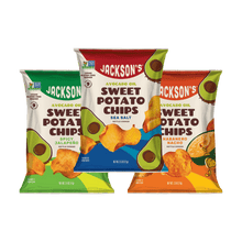 Load image into Gallery viewer, Jackson’s Kettle Cooked Sweet Potato Chips Spicy Variety Pack with Sea Salt, Spicy Jalapeno, Habanero Nacho potato chips 2.5oz bags, total of 14 Bags
