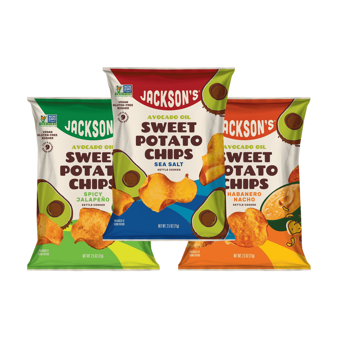 Jackson’s Kettle Cooked Sweet Potato Chips Spicy Variety Pack with Sea Salt, Spicy Jalapeno, Habanero Nacho potato chips 2.5oz bags, total of 14 Bags