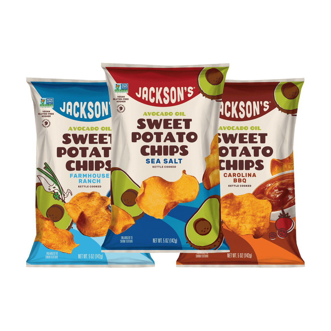 Jackson’s Kettle Cooked Sweet Potato Chips Savory Variety Pack with Sea Salt, Farmhouse Ranch, Carolina BBQ potato chips 5oz bags, total of 8 Bags 