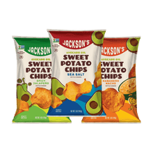 Load image into Gallery viewer, Jackson’s Kettle Cooked Sweet Potato Chips Spicy Variety Pack with Sea Salt, Spicy Jalapeno, Habanero Nacho potato chips 5oz bags, total of 8 Bags 
