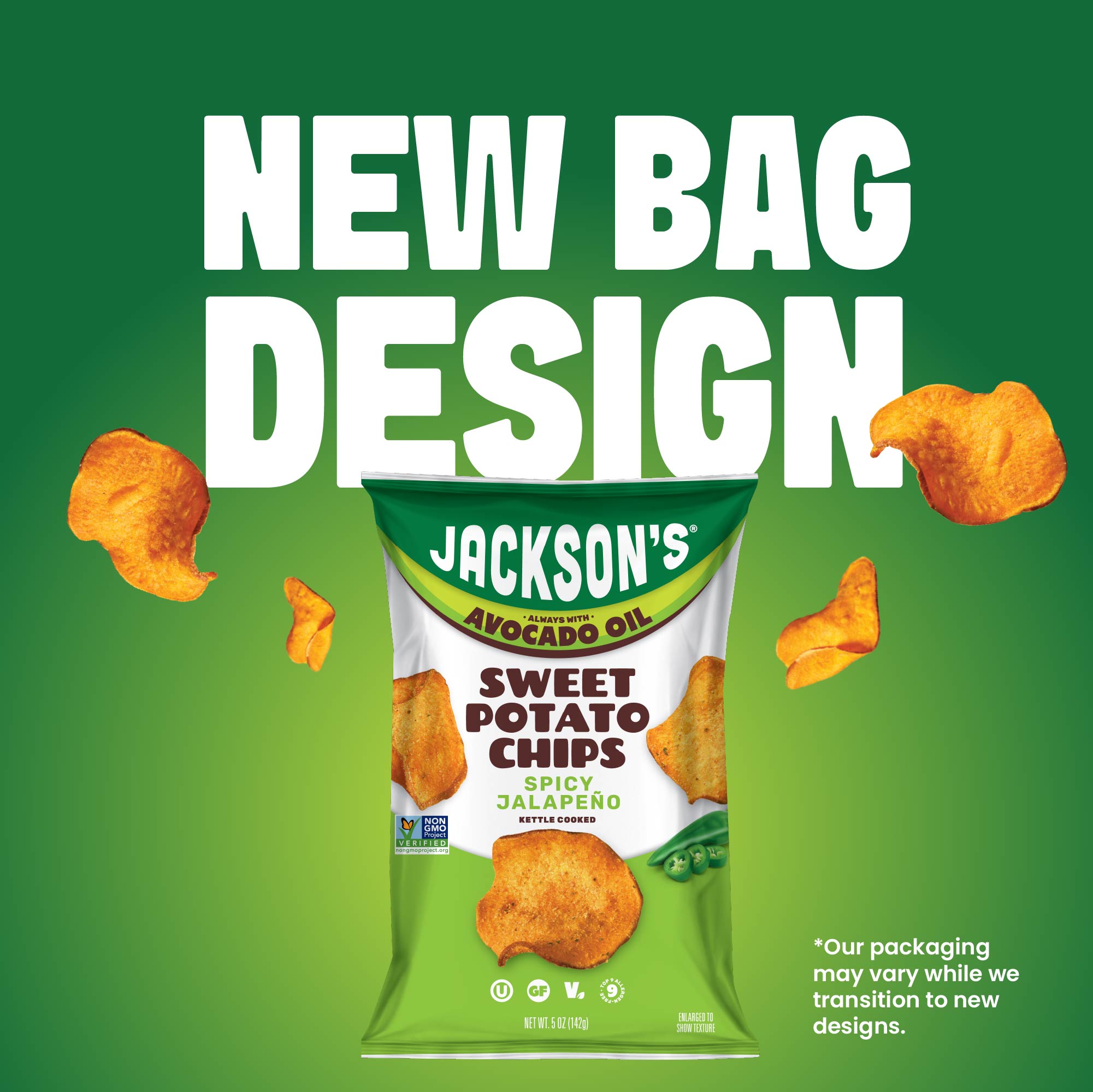 Spicy Jalapeno Sweet Potato Chips New Bag Design 5oz, new bag design coming, our packaging may very while we transition to new designs.