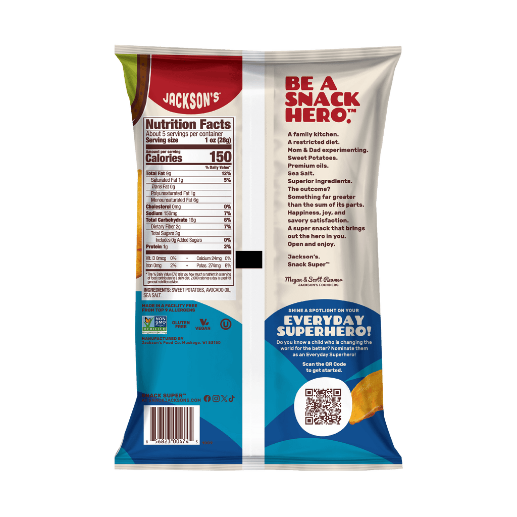 Jackson's Sea Salt Sweet Potato Kettle Chips in Avocado Oil 5oz. Dairy-free & Paleo Back of Bag