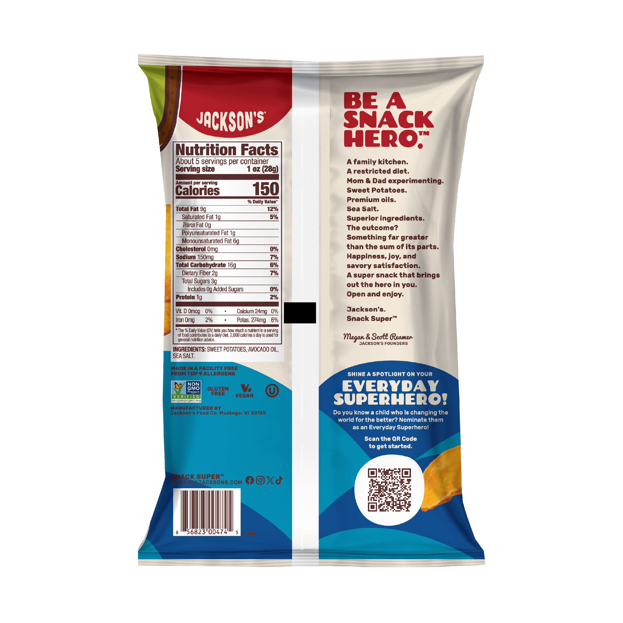 Jackson's Sea Salt Sweet Potato Kettle Chips in Avocado Oil 5oz. Dairy-free & Paleo Back of Bag