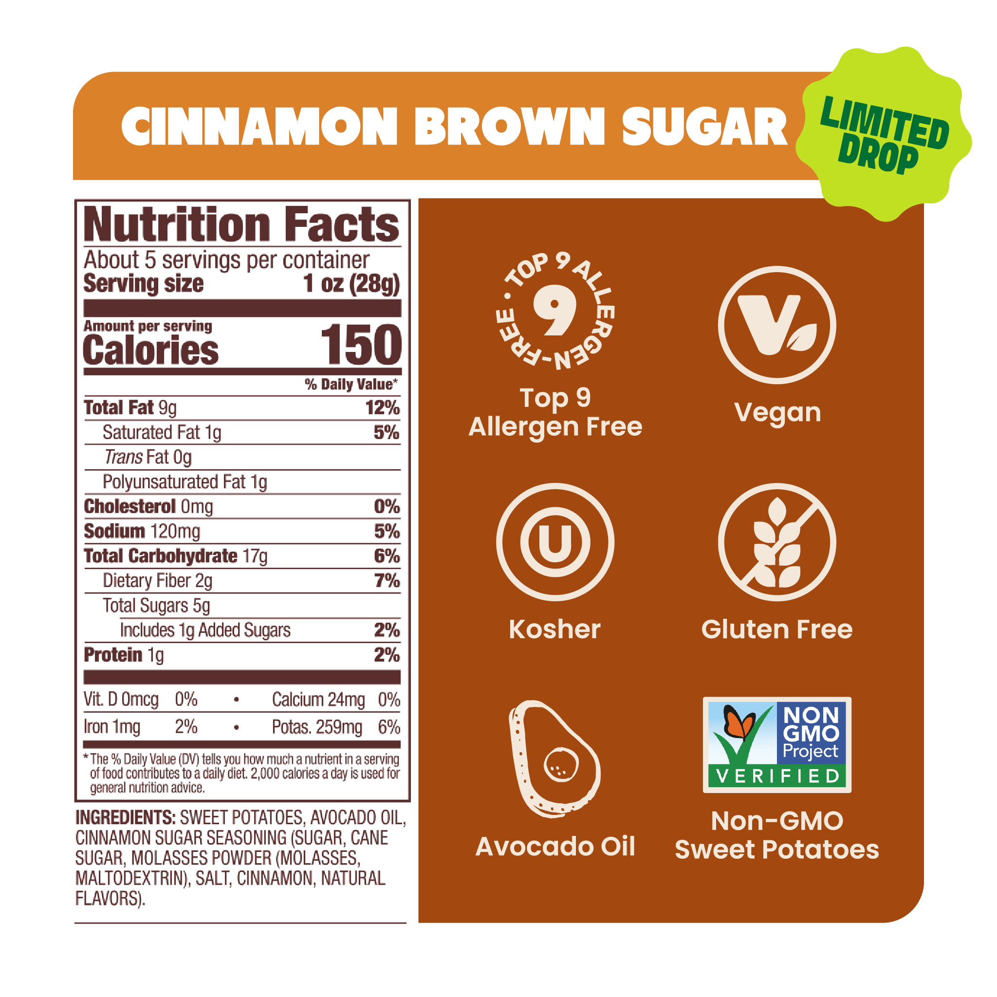 Jackson's Cinnamon Brown Sugar Sweet Potato Chips top 9 allergen free vegan gluten free