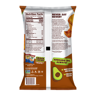 CINNAMON BROWN SUGAR, Nutrition Facts, About 5 servings per container, Serving size 1 oz (28g), Amount per serving, Calories 150, Total Fat 9g 12%, Saturated Fat 1g 5%, Trans Fat 0g, Polyunsaturated Fat 1g, Monounsaturated Fat 6g, Cholesterol 0mg 0%, Sodium 120mg 5%, Total Carbohydrate 17g 6%, Dietary Fiber 2g 7%, Total Sugars 5g, Includes 1g Added Sugars 2%, Protein 1g 2%, Vit. D 0mcg 0%, Calcium 24mg 0%, Iron 1mg 2%, Potas. 259mg 6%, INGREDIENTS: SWEET POTATOES, AVOCADO OIL, CINNAMON SUGAR SEASONING