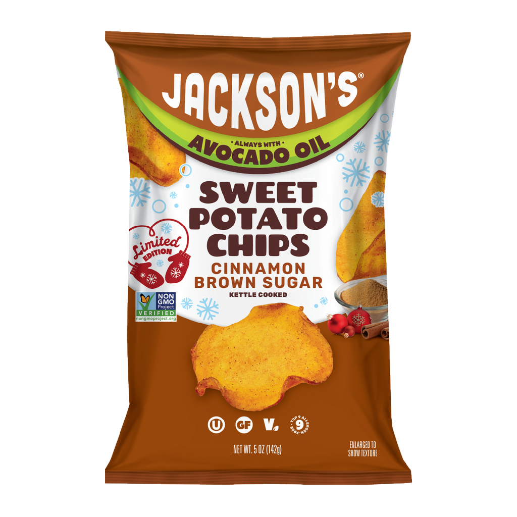 Jackson's Cinnamon Brown Sugar Sweet Potato Chip Front of Bag, limited edition, always with avocado oil, kettle cooked. Non-GMO, Vegan, Gluten Free, Free from the top 9 allergens.