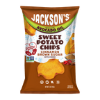 Jackson's Cinnamon Brown Sugar Sweet Potato Chip Front of Bag, limited edition, always with avocado oil, kettle cooked. Non-GMO, Vegan, Gluten Free, Free from the top 9 allergens.