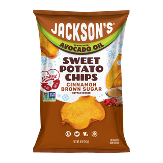 Jackson's Cinnamon Brown Sugar Sweet Potato Chip Front of Bag, limited edition, always with avocado oil, kettle cooked. Non-GMO, Vegan, Gluten Free, Free from the top 9 allergens.