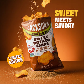 Jackson's Cinnamon Brown Sugar Sweet Potato Chip Front of Bag, limited edition, always with avocado oil, kettle cooked. Non-GMO, Vegan, Gluten Free, Free from the top 9 allergens. Sweet Meets Savory. Chips and cinnamon brown sugar flying out of bag.
