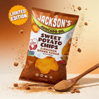 Jackson's Cinnamon Brown Sugar Sweet Potato Chip Front of Bag, limited edition, always with avocado oil, kettle cooked. Non-GMO, Vegan, Gluten Free, Free from the top 9 allergens. Spoon of cinnamon and brown sugar, bursting ingredients and flavors flying around the bag.