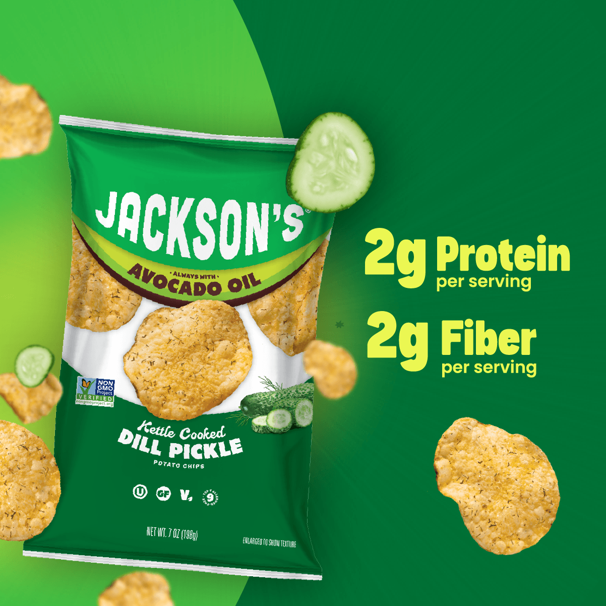 Dill pickle kettle chips with 2g Protein, 2g fiber